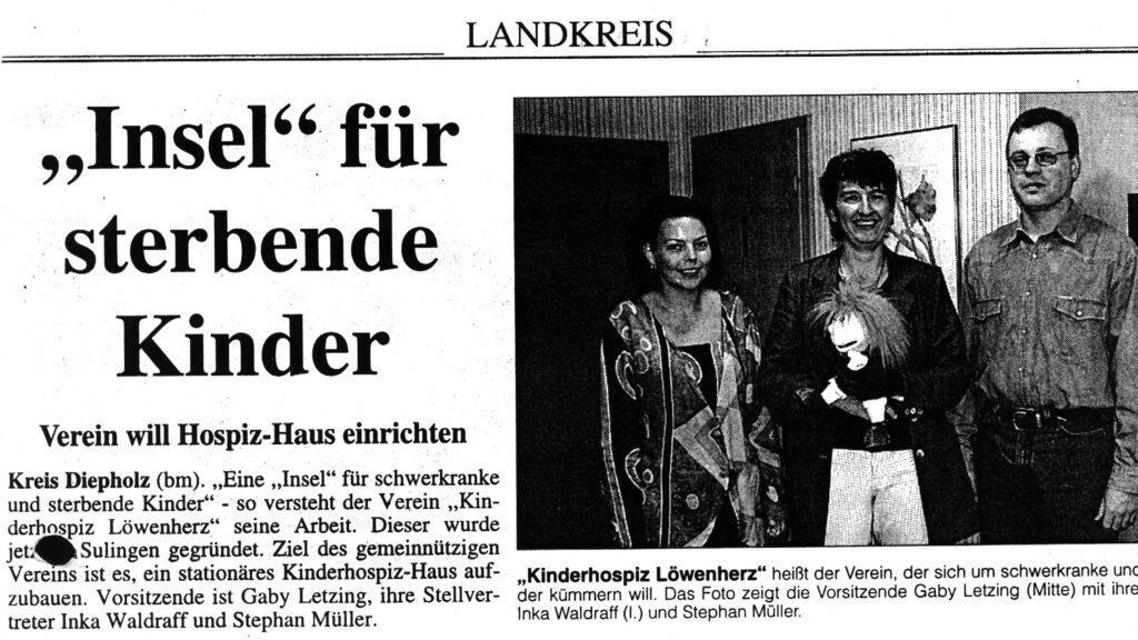 Zeitungsartikel mit einem Schwarz-Weiß-Bild und der Überschrift "Insel" für sterbende Kinder