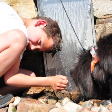 Ein Junge und ein kleiner, schwarzer Hund spielen an einem kleinen Wasserfall im Löwenherz-Garten.
